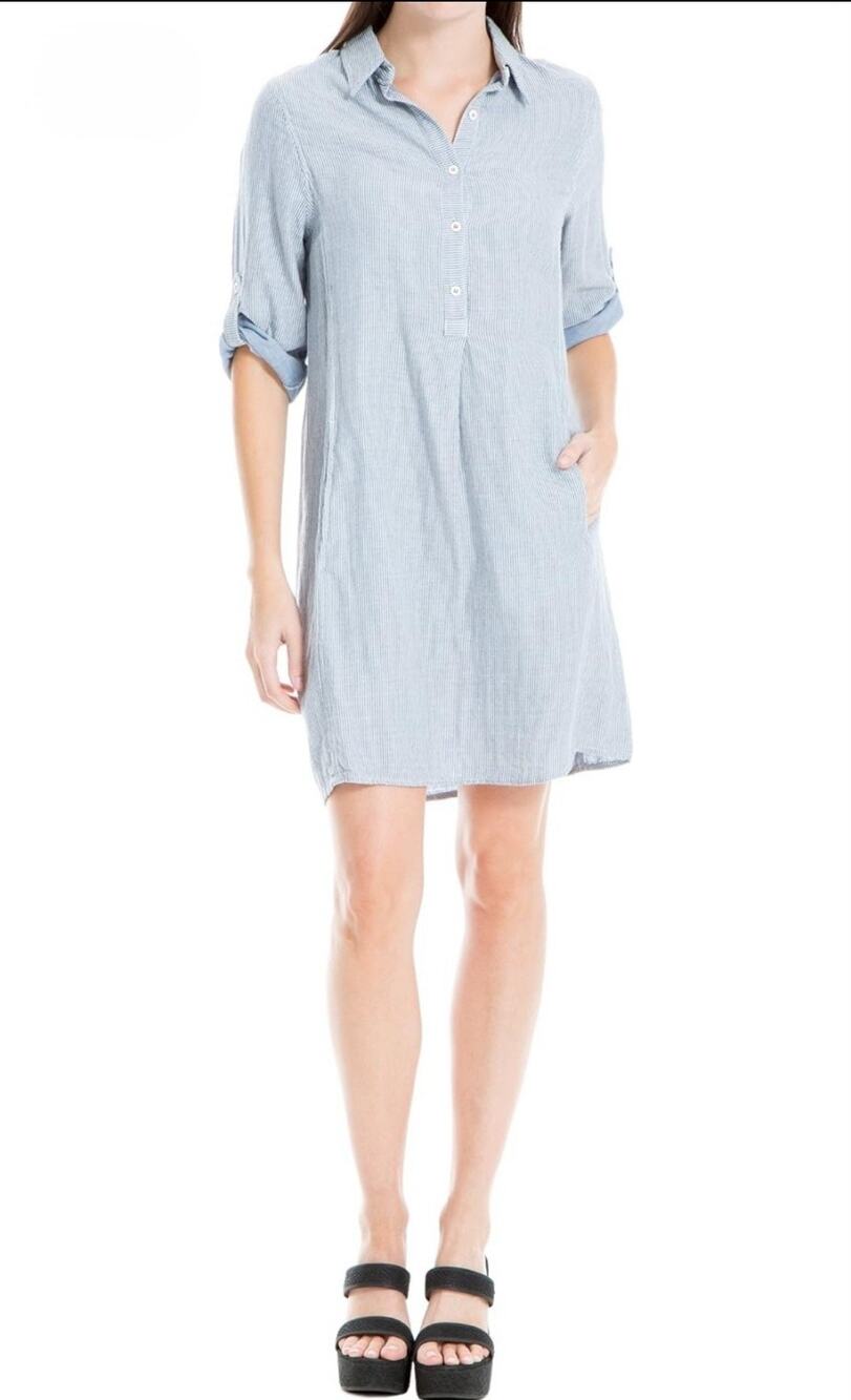 Max Studio Women's Blue White Striped 3/4 Roll Sleeves Mini Dress Size M